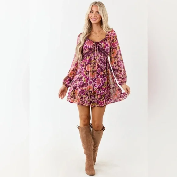NWT Floral Print Boho Velvet Contrast Balloon Long Sleeve Mini Dress - Picture 4 of 12